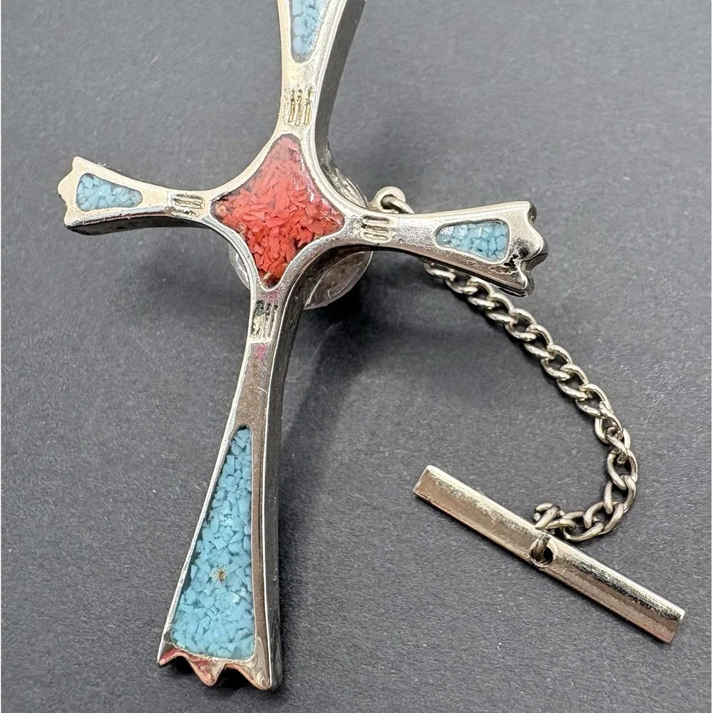 Vintage Southwestern Style Cross Tie Tack Turquoise & Red Coral Silver Tone